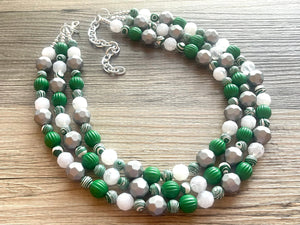 Green & White Statement Necklace, Green jewelry, dark green bib chunky necklace, Kelly green ombré white beaded necklace silver