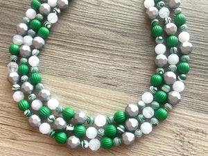 Green & White Statement Necklace, Green jewelry, dark green bib chunky necklace, Kelly green ombré white beaded necklace silver