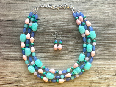 Cosmic Planet Chunky Statement Necklace, mint blue silver blush pink necklace, beaded thick bib necklace, beaded statement jewelry peach