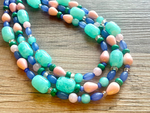 Cosmic Planet Chunky Statement Necklace, mint blue silver blush pink necklace, beaded thick bib necklace, beaded statement jewelry peach