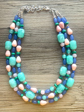 Load image into Gallery viewer, Cosmic Planet Chunky Statement Necklace, mint blue silver blush pink necklace, beaded thick bib necklace, beaded statement jewelry peach