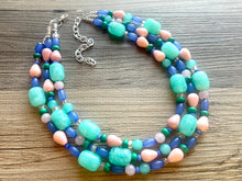 Load image into Gallery viewer, Cosmic Planet Chunky Statement Necklace, mint blue silver blush pink necklace, beaded thick bib necklace, beaded statement jewelry peach