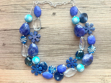 Blue Christmas Beaded Necklace, 2 strand Chunky statement necklace, big beaded necklace jewelry, Aqua sparkle silver statement