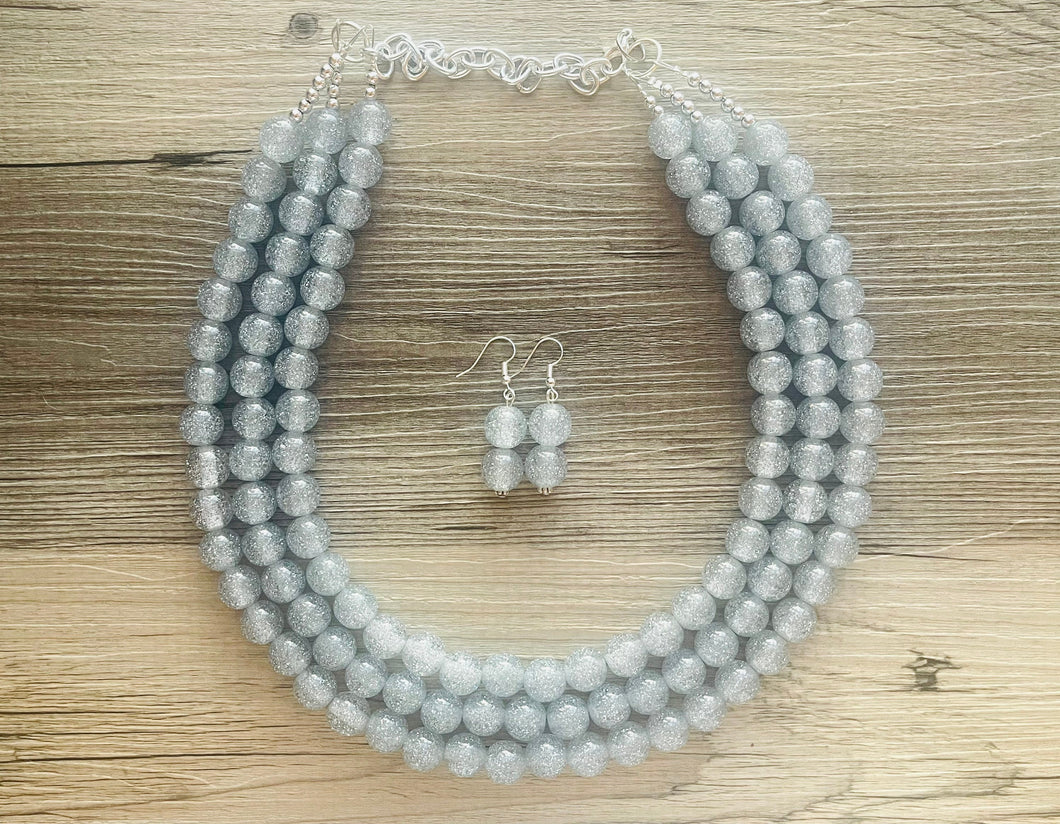 Three Strand Silver gray Glitter Resin Chunky statement necklace, big beaded jewelry, gifts for women, bib jewelry Multi-Strand necklace