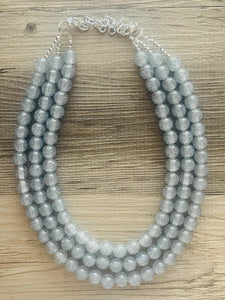 Three Strand Silver gray Glitter Resin Chunky statement necklace, big beaded jewelry, gifts for women, bib jewelry Multi-Strand necklace