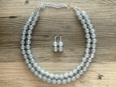 Two Strand Silver gray Glitter Resin Chunky statement necklace, big beaded jewelry, gifts for women, bib jewelry Multi-Strand necklace