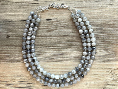 Three Strand gray Faceted Chunky statement necklace, big beaded jewelry, gifts for women, bib jewelry Multi-Strand necklace black white