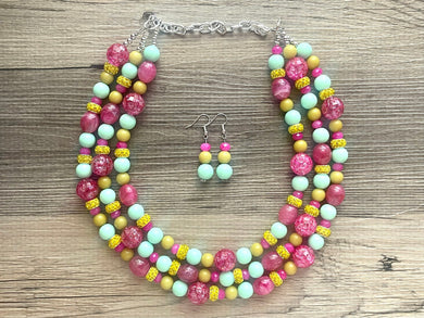 Paradise Resort Statement Necklace, multi strand bright jewelry, chunky statement necklace, green necklace, mint green hot pink beaded