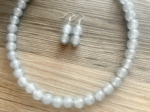 Single Strand Silver gray Glitter Resin Chunky statement necklace, big beaded jewelry, gifts for women, bib jewelry necklace neutral earring