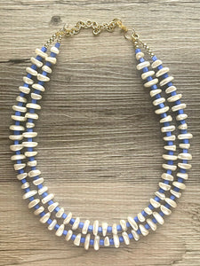 Royal Blue Lustrous Statement Necklace, Off White Necklace blue jewelry, 2 strand chunky beaded bib necklace cream shell geometric bib