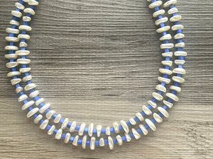 Royal Blue Lustrous Statement Necklace, Off White Necklace blue jewelry, 2 strand chunky beaded bib necklace cream shell geometric bib