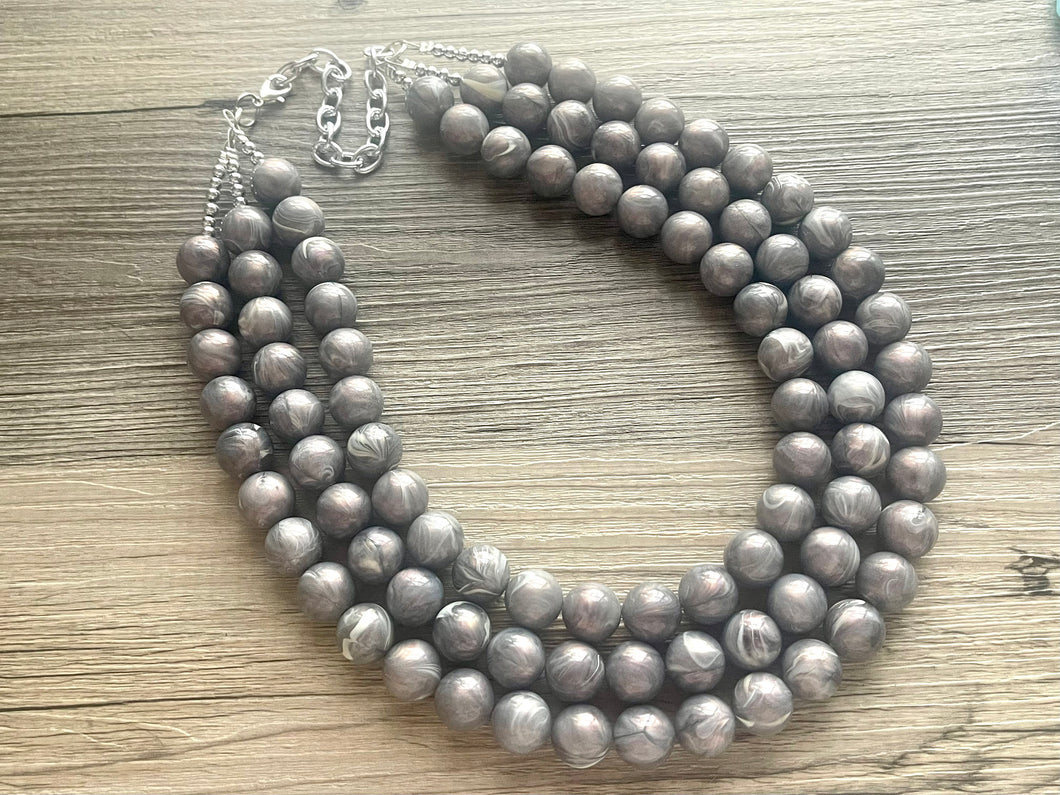 Three Strand Silver gray hologram Resin Chunky statement necklace, big beaded jewelry, gifts for women, bib jewelry Multi-Strand necklace