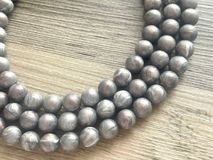 Three Strand Silver gray hologram Resin Chunky statement necklace, big beaded jewelry, gifts for women, bib jewelry Multi-Strand necklace