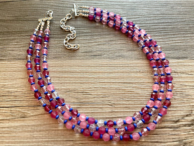 Steady Love Statement Necklace, multi strand bright jewelry, chunky statement necklace, pink necklace, blue hot pink clear resin beaded