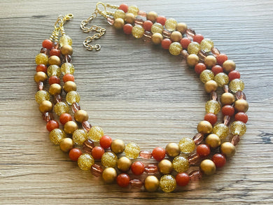 Cardigan Fall Statement Necklace, chunky bib beaded jewelry, Burnt orange bead bib necklace, beaded jewelry dark brown gold glitter earrings