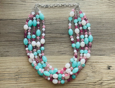Rose Garden 5 Strand statement necklace, hot pink big beaded chunky jewelry, silver metallic jewelry necklace mint blush pink white