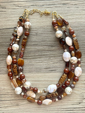 Brownie Batter Necklace, multi strand jewelry, big beaded chunky statement necklace, brown champagne necklace, tan white bridesmaid