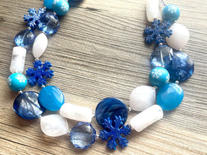 Blue & White Snow Christmas Beaded Necklace, 2 strand Chunky statement necklace, big beaded necklace jewelry, Aqua sparkle silver statement