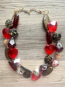 Heart Breaker double strand OOAK statement Necklace, Red gold Beaded Necklace, summer jewelry neutral, gray black resin cranberry beads love