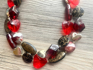 Heart Breaker double strand OOAK statement Necklace, Red gold Beaded Necklace, summer jewelry neutral, gray black resin cranberry beads love