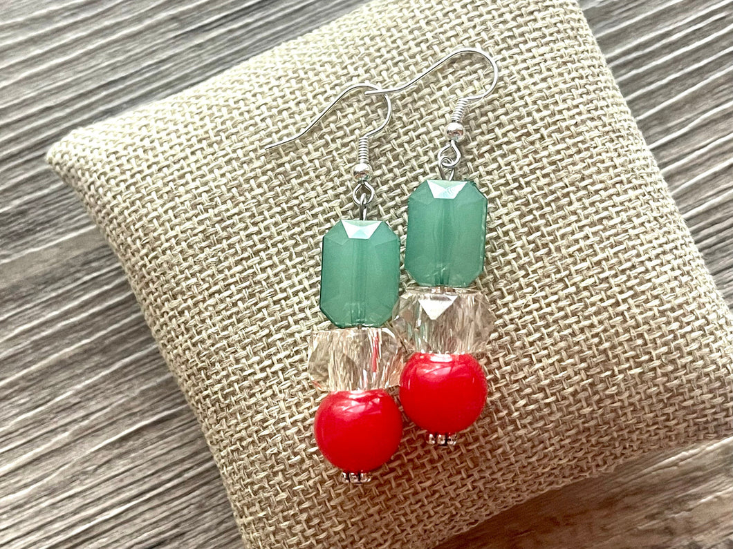 Christmas earrings, Red Silver Green and Resin Holiday Jewelry, Christmas Jewelry Red Green Jewelry, Christmas Gift Christmas Present beaded