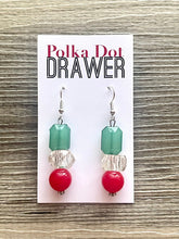 Load image into Gallery viewer, Christmas earrings, Red Silver Green and Resin Holiday Jewelry, Christmas Jewelry Red Green Jewelry, Christmas Gift Christmas Present beaded