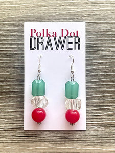 Christmas earrings, Red Silver Green and Resin Holiday Jewelry, Christmas Jewelry Red Green Jewelry, Christmas Gift Christmas Present beaded