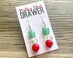 Christmas earrings, Red Silver Green and Resin Holiday Jewelry, Christmas Jewelry Red Green Jewelry, Christmas Gift Christmas Present beaded