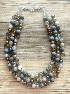 Silver & Gray statement necklace, Triple Strand jewelry, gifts for women bib jewelry Multi-Strand Nugget metallic rainbow black mirror