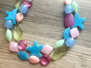 Antiqua Beach Double Layer statement necklace, Chunky Jewelry star beads jewelry, OOAK Peach blue green pink