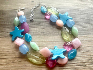 Antiqua Beach Double Layer statement necklace, Chunky Jewelry star beads jewelry, OOAK Peach blue green pink