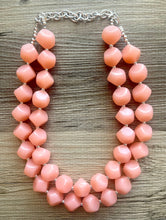 Load image into Gallery viewer, Peach Double strand statement Necklace, Pink Beaded Necklace, summer silver jewelry, bubble necklace bib pink peach orange