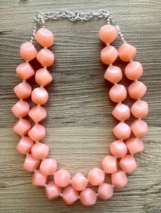 Peach Double strand statement Necklace, Pink Beaded Necklace, summer silver jewelry, bubble necklace bib pink peach orange