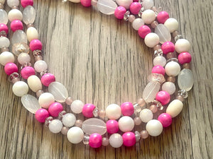 Pink Sugar Chunky Statement Necklace, 3 Strand Beaded Jewelry, Pink White cream jewelry, jewel tone tan champagne bib light pink