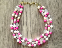 Load image into Gallery viewer, Pink Sugar Chunky Statement Necklace, 3 Strand Beaded Jewelry, Pink White cream jewelry, jewel tone tan champagne bib light pink