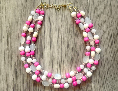 Pink Sugar Chunky Statement Necklace, 3 Strand Beaded Jewelry, Pink White cream jewelry, jewel tone tan champagne bib light pink