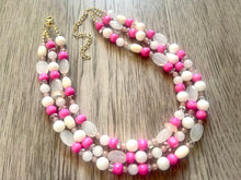 Load image into Gallery viewer, Pink Sugar Chunky Statement Necklace, 3 Strand Beaded Jewelry, Pink White cream jewelry, jewel tone tan champagne bib light pink