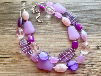 Grapevine Extravaganza Chunky Statement Necklace, blush pink beaded jewelry, Multi Strand Bib Resin Beaded necklace violet lavender