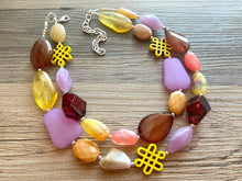 Load image into Gallery viewer, Golden Fall Statement Necklace, chunky bib beaded jewelry, neutral jewelry yellow cream maroon coral necklace, beaded mustard lavender