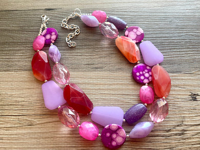 Purple Coral Reef Necklace, Double strand jewelry, big beaded chunky statement, lavender pink red necklace, shell bubble silver jewelry