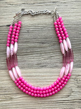 Load image into Gallery viewer, Pink on Pink Statement Necklace, chunky bib beaded jewelry, blush pink color block necklace, beaded acrylic tube jewelry hot pink magenta