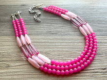 Load image into Gallery viewer, Pink on Pink Statement Necklace, chunky bib beaded jewelry, blush pink color block necklace, beaded acrylic tube jewelry hot pink magenta