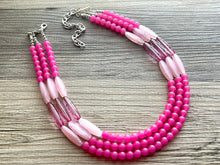 Load image into Gallery viewer, Pink on Pink Statement Necklace, chunky bib beaded jewelry, blush pink color block necklace, beaded acrylic tube jewelry hot pink magenta