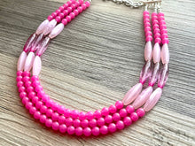 Load image into Gallery viewer, Pink on Pink Statement Necklace, chunky bib beaded jewelry, blush pink color block necklace, beaded acrylic tube jewelry hot pink magenta