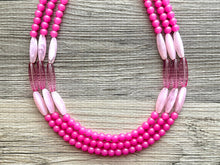 Load image into Gallery viewer, Pink on Pink Statement Necklace, chunky bib beaded jewelry, blush pink color block necklace, beaded acrylic tube jewelry hot pink magenta