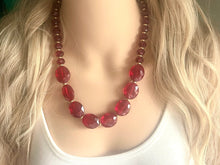 Load image into Gallery viewer, Glass cranberry Necklace, Red Holiday Jewelry, Maroon Jewelry, Red Jewelry, Beaded Christmas Present gold single strand long necklace