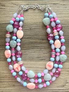 Jewel Tone & Peach Statement Necklace, multi strand bright jewelry, chunky statement Peach necklace, blue blush green blue gold earrings