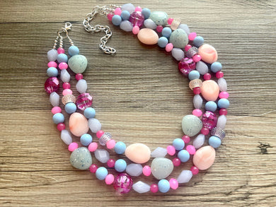 Jewel Tone & Peach Statement Necklace, multi strand bright jewelry, chunky statement Peach necklace, blue blush green blue gold earrings