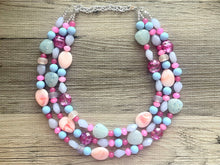 Load image into Gallery viewer, Jewel Tone &amp; Peach Statement Necklace, multi strand bright jewelry, chunky statement Peach necklace, blue blush green blue gold earrings