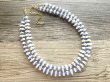 Load image into Gallery viewer, Royal Blue Lustrous Statement Necklace, Off White Necklace blue jewelry, 2 strand chunky beaded bib necklace cream shell geometric bib